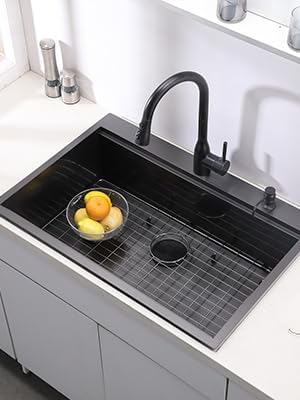 33x22 Drop In Kitchen Sink Black, 33 Inch Gunmetal Black Workstation Stainless Steel 16 Gauge Topmount Single Bowl 9 Deep Sink With Integrated Accessories & Features