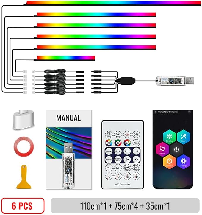 Acrylic Car Led Lights Interior with APP,Universal RGB Acrylic Ambient Lighting Car Kit,175 inch Neon Flexible Fiber Optic Led Strip Music Sync Lights for Car,6 in 1 USB Power Dashboard Decorations