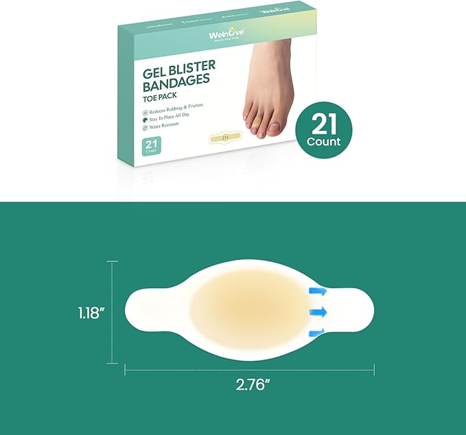 Welnove Gel Blister Bandages for Feet - 21ct Blister Cushion (Toe Pack) for Heel, Toe - Water-Resistant Hydrocolloid Bandages - Blister Pads for Prevention & Recovery