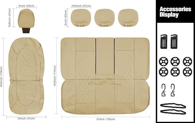 YGL Luxury PU Leather Car Seat Covers Full Set, Non-Slip Seat Cover Protectors, Universal Fit for Cars, Trucks, SUVs, Vans, Pickups, Airbag Compatible, Seat Covers for Car Interior (Beige)