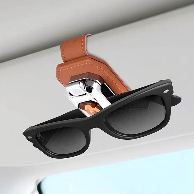 Sunglasses Holder for Car Visor, Leather Eyeglasses Clip for Car, Universal Car Visor Accessories for Glasses Organization, One-Hand Push Button Sunglasses Holder with Rhinestone Design (Orange-01)