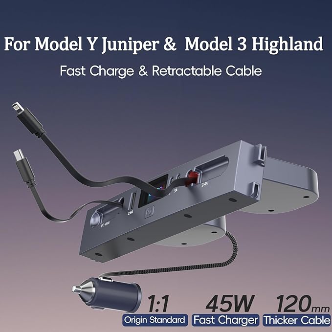 USB Hub for 2025 2026 Tesla Model Y Juniper 2024 2025 Tesla Model 3 Highland, Retractable Cable Fast Car Phone Charger, Tesla Center Console Accessories (Retractable Type-C & Lightning)