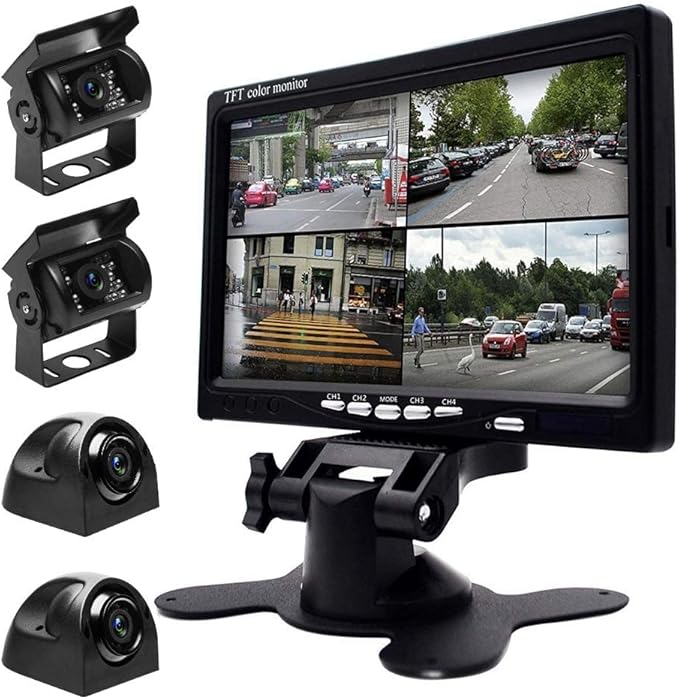 Wired Backup Camera System with 7 Inch Monitor for RV,Trucks,Cars, 4 Channel Quad Split Reversing Camera System with Screen, Wide Angle, IP68 Waterproof, IR Night Vision, Easy Installation,12V