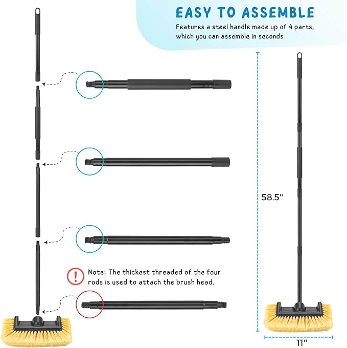 KeFanta Car Wash Brush with Long Handle, 58.5'' Soft Bristle Cleaning Tool for Truck Exterior, RV, Boat, Solar Panel, Deck Washing, 2 Wax Applicator Pads Included