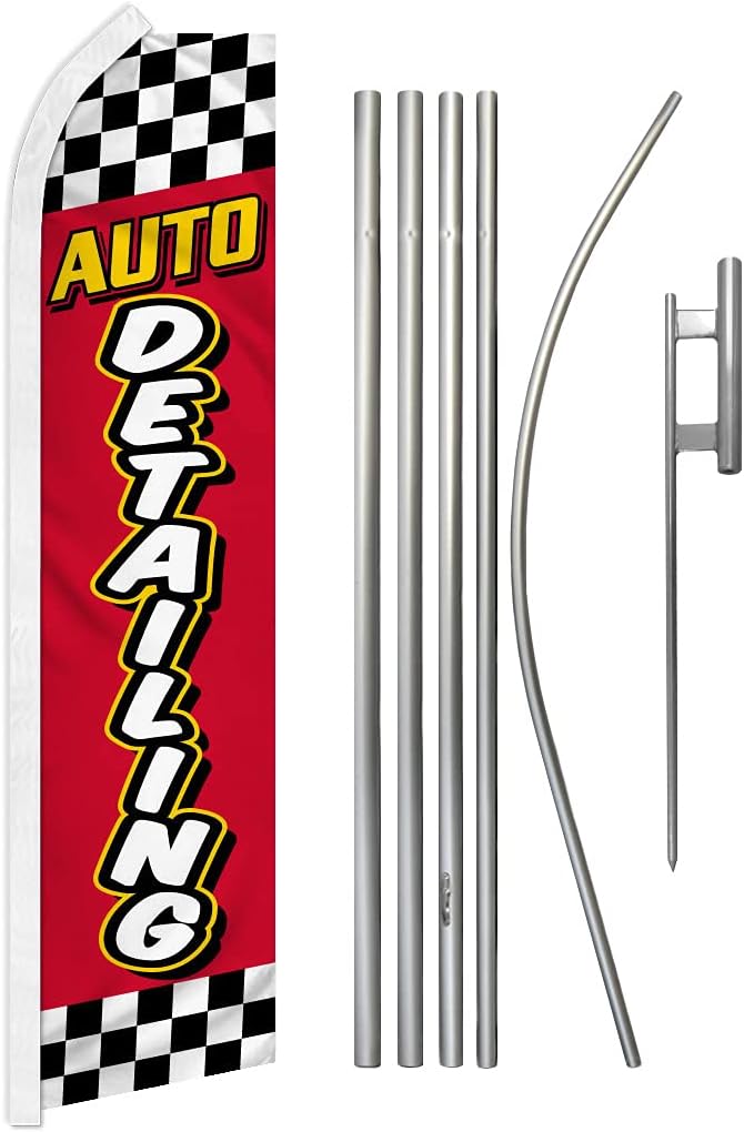 Auto Detailing Red & Yellow Swooper Advertising Flag & Pole Kit - Perfect for Performance Shops, Mechanics, Auto Repair, Tuning Shops