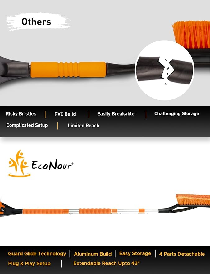 EcoNour 57" Detachable Snow Brush with Ice Scraper for Car Windshield and Window | 4-in-1 Design, Scratch-Free Bristles, EVA Foam Grip | Perfect Snow Accessories for SUVs, Trucks, and Jeeps