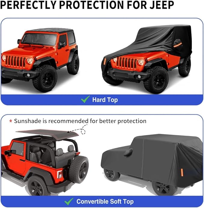 Waterproof Car Cover for Jeep Wrangler 2 Door 1987-2024 2025 JK JL TJ YJ CJ Sahara, Upgraded Outdoor Full Exterior Sun Rain Snow Hail Protection with Driver Door Zipper