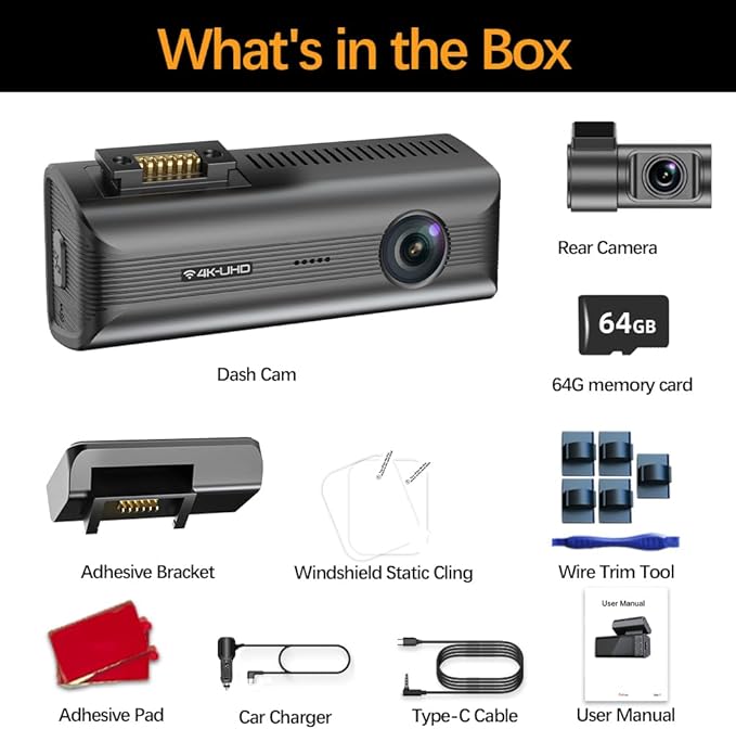 4K+2K Car Camera Dash Cam Front and Rear, 4K+2K 2 Dual STARVIS Dash Cam for Cars, 170° Wide Angle Car Camera with HDR, 5GHz WiFi GPS, Night Vision, 24H Parking Mode, 64GB Card Included