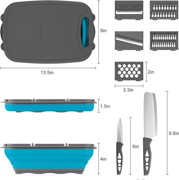 Gintan Camping Cutting Board, 9-in-1 Collapsible Chopping Board with Colander, Kitchen Vegetable Washing Basket for Camping, Camping Gifts Camping Accessories for RV Campers (Blue+Grey)