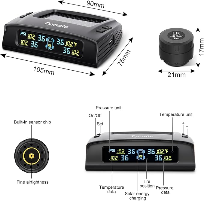 Tymate TM2 RV Tire Pressure Monitoring System, Tire Pressure Monitor with Solar Charge, TPMS with 4 Sensors(Max. 10) & 6 Alarm Modes, New Updated w/Color LCD Display, 0-87PSI for RV/Trailer/Truck/SUV