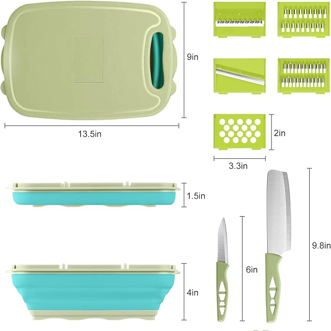 Gintan Camping Cutting Board, 9-in-1 Collapsible Chopping Board with Colander, Kitchen Vegetable Washing Basket for Camping, Camping Gifts Camping Accessories for RV Campers(Blue Green)