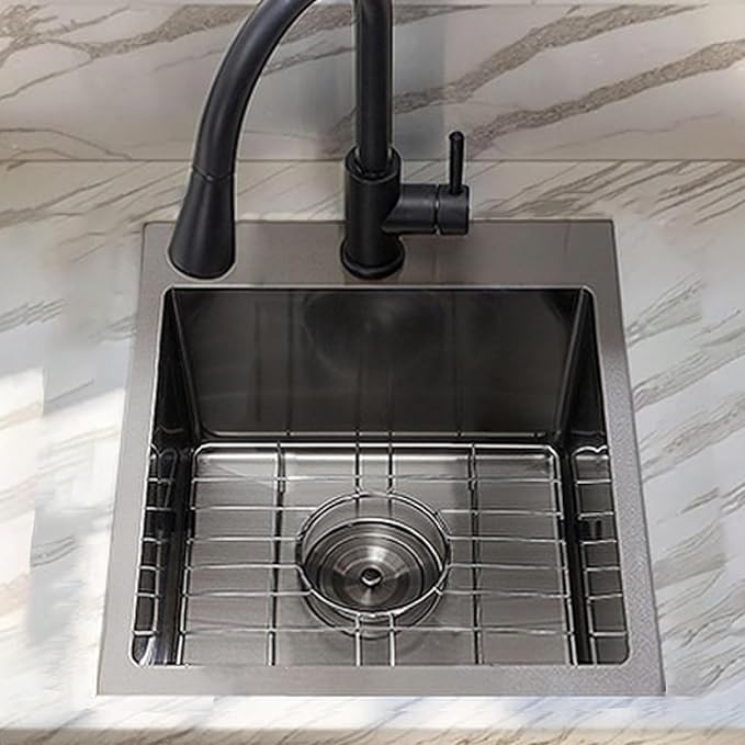 15x15 Drop In Bar Sink Black,15 Inch Square Gunmetal Black Wet Bar RV Laundry Utility Outdoor Prep Small Sink, Topmount 18 Gauge Stainless Steel Single Bowl with Drain