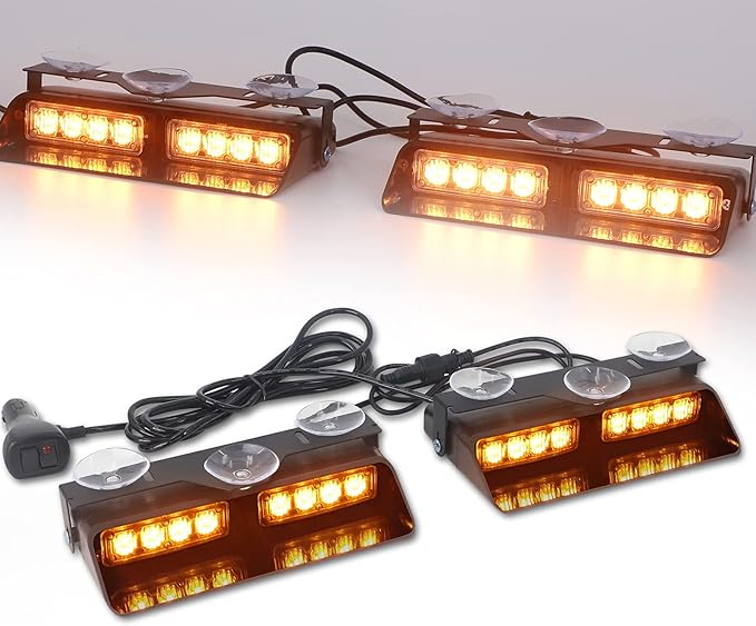 XRIDONSEN Amber 2 in 1 Emergency Dash Strobe Lights Interior Windshield Lights Hazard Warning Safety Flashing w/Suction Cups for Construction Trucks, Vehicles Car (2×7.16 inch, 16 LED)
