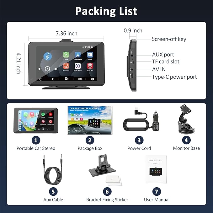 Carplay Screen for Car, 7" HD Portable Car Stereo Touch Screen with Wireless Android Auto, Car Touch Screen Car Play with Mirror Link/AUX/FM/Bluetooth/Auto Connect, Carplay for All Vehicles