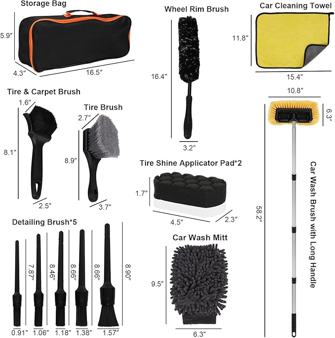Vextronic Car Wash Kit - Car Wash Brush with Long Handle, Soft Bristle Wheel & Tire Brush, Microfiber Towel, Car Wash Mitt, Tire Shine Applicator Pad, Car Detailing Brush for Car RV SUV Truck