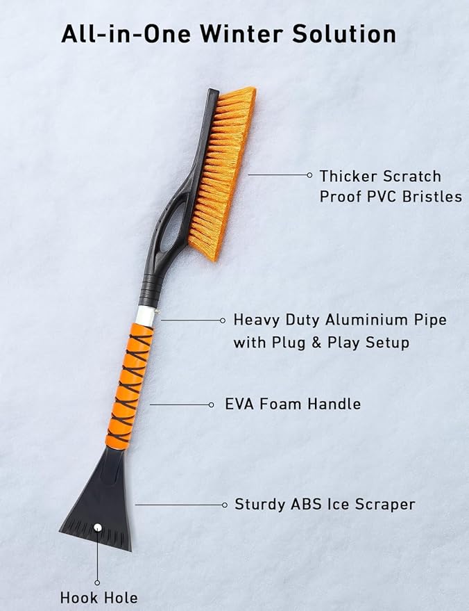 EcoNour 27" Aluminum Snow Brush 4 Pack with Ice Scrapers for Car Windshield and Window | Car Snow Scraper and Brush with Ergonomic Foam Grip Winter Accessories (Orange, Pink, Green, Blue)