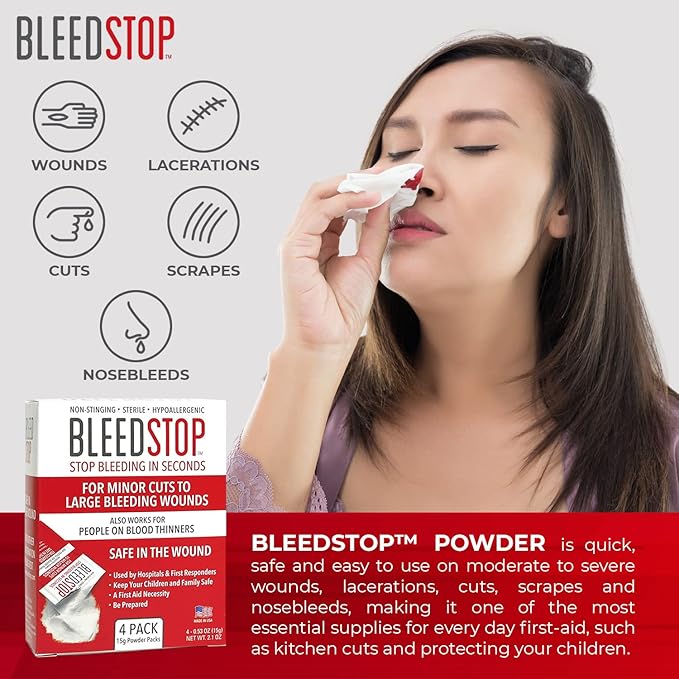 BleedStop™ First Aid Powder for Blood Clotting, Trauma Kit, Blood Thinner Patients, Camping Safety, and Survival Equipment for Moderate to Severe Bleeding Wounds or Nosebleeds - 4 (20g) Pouches