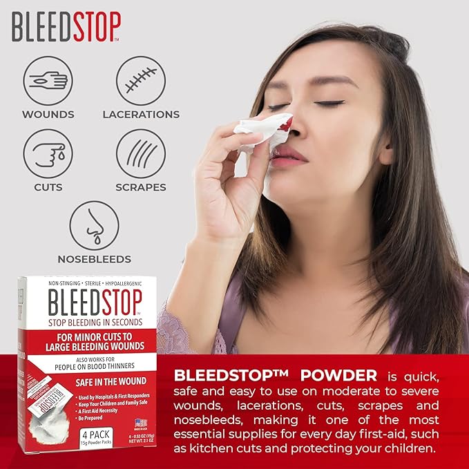 BleedStop™ First Aid Powder for Blood Clotting, Trauma Kit, Blood Thinner Patients, Camping Safety, and Survival Equipment for Moderate to Severe Bleeding Wounds or Nosebleeds 5 Pack 15g