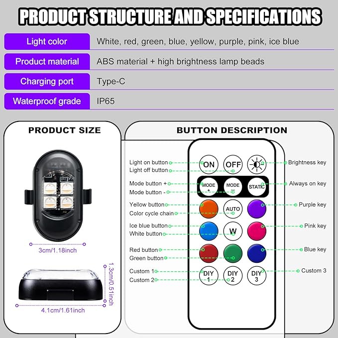 Upgraded 4LEDs Wireless LED Strobe Lights with Remote Control, High Brightness 8 Colors Type-C Charge IP65 Waterproof Anti-Collision Warning Lights for Car Interior Drone Bike Halloween Christmas Day
