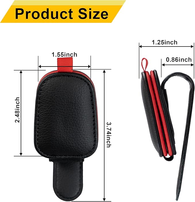 Yuoyar Sunglass Holder for Car, Magnetic Leather Sunglasses Holder and Ticket Card Clip, Car Visor Accessories, 2 Packs (Black-red)