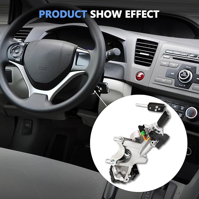 RAMATA 72185-TR0-A01 Ignition Switch Lock Cylinder with Key (with Blank Chip) Compatible with 2012 2013 2014 Honda Civic,(Ignition Chip: 46,Frequency: 433Hz)