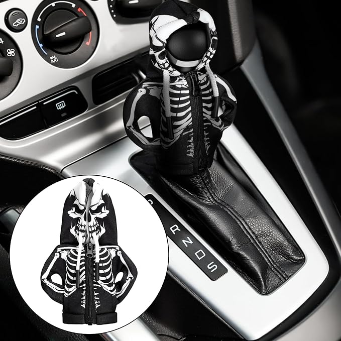 Christmas Car Gear Shift Hoodie Decoration Halloween Funny Gear Shift Cover Mini Universal Knob Hoodie Cover for Automotive Car Interior Accessories Gadgets Gift(Black,Skull)