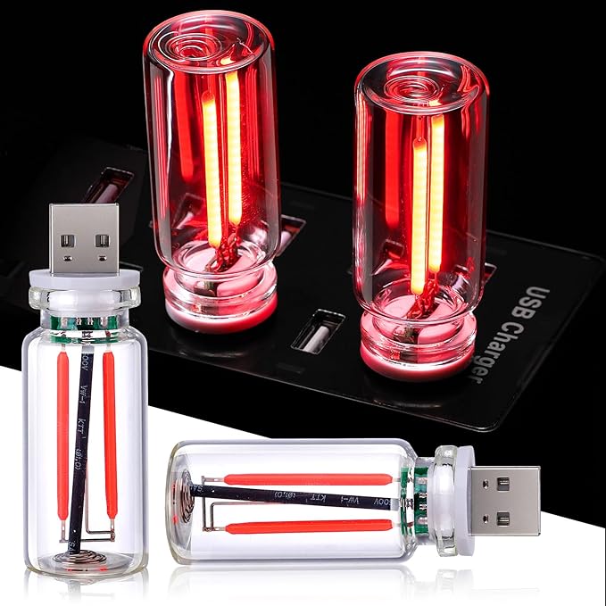 2PCS Car USB Night Light Touch Dimmable LED Filament Lamp, Mini Glass Bottle USB Night Light, Plug-in Ambient Lights Retro Car Atmosphere Lamp for Vehicle Bedroom Hallway Camping Holiday Decor, Red