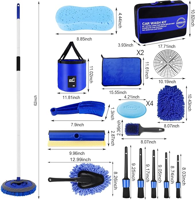 21Pcs Car Wash Kit,62" Car Wash Brush Mop with Long Handle,Car Cleaning Kit,Car Detailing Brush Set,Car Wash Bucket with Filter,Windshield Window Squeegee for Cars RV Truck Boat (Blue)