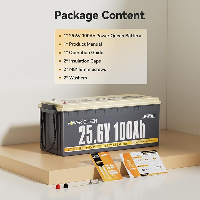 Power Queen 24V 100Ah LiFePO4 Battery 2.56kWh Deep Cycle Lithium Battery with Longer Runtime, 100A BMS, 4000-15000 Cycles, 2.56kW Max Load Power for Solar Storage System, Marine, Backup Power