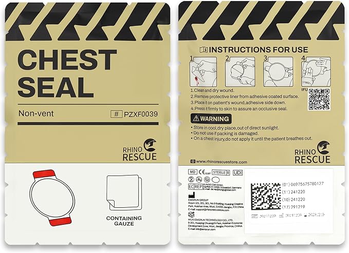 RHINO RESCUE Chest Seal Non-Vented, Sterile Emergency Trauma Dressing, Occlusive Adhesive Pad, IFAK Refill & Medical First Aid Supplies for Wound Care, Gunshot Wound, Sucking Chest (2 Count)