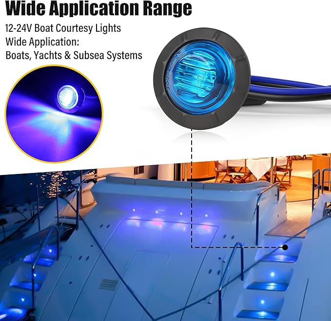 ALFU 10PCS Blue 3/4" 12V LED Boat Interior Lights Marine Navigation Lights Clearance Marker Lights Round Bullet Side Indicator Lamps for Truck, Trailer, RV, Van, Boat, Bus, Caravan