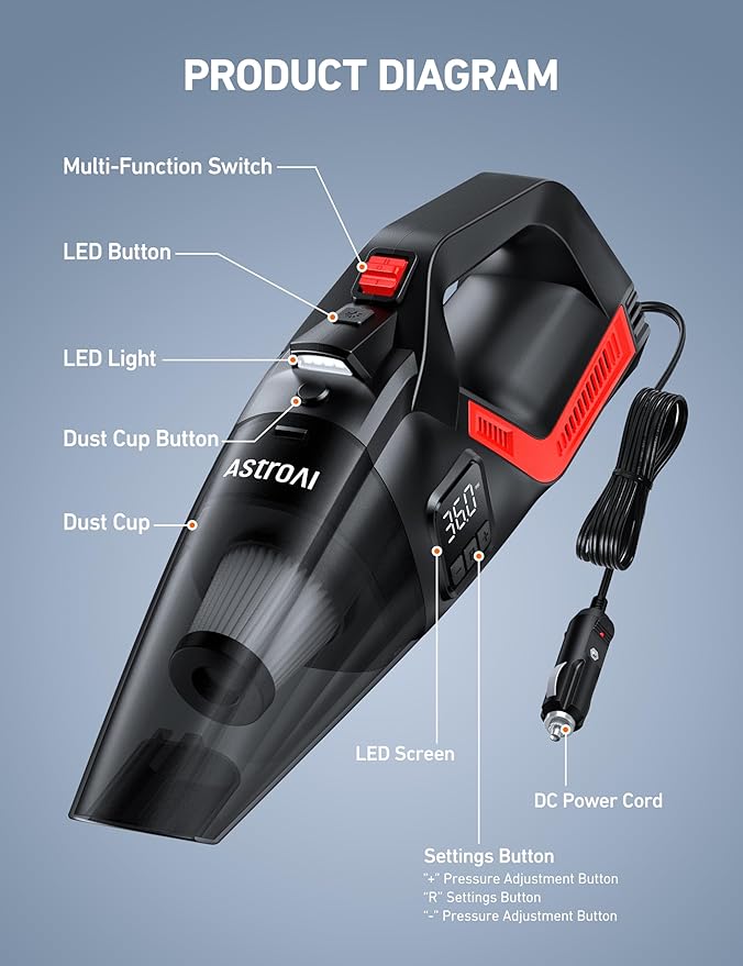 AstroAI 4-in-1 Car Vacuum Cleaner and Tire Inflator Portable with Accessories Air Compressor Digital Dual Values Display, 150 PSI Car Tires Air Pump with LED Light, 12V DC, 16.4FT Cord for Auto