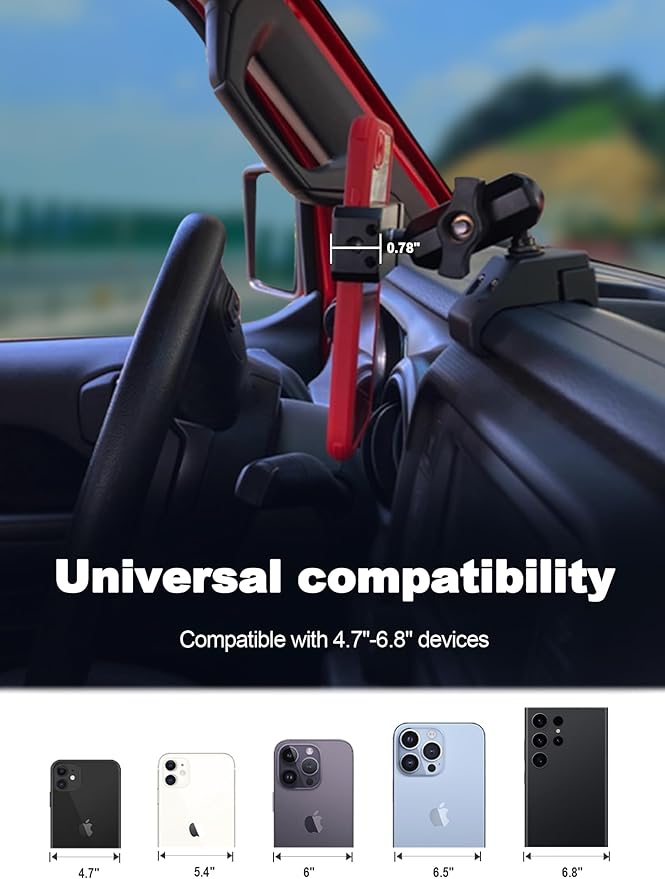 Upgraded Aluminum Alloy Phone Mount for Jeep Wrangler 2018-2023 JL JLU & 2020-23 Gladiator JT, Wrangler Phone Holder Fits All 4.7" to 6.8" Smart Device, Camera Button Friendly(Not for 2024+)