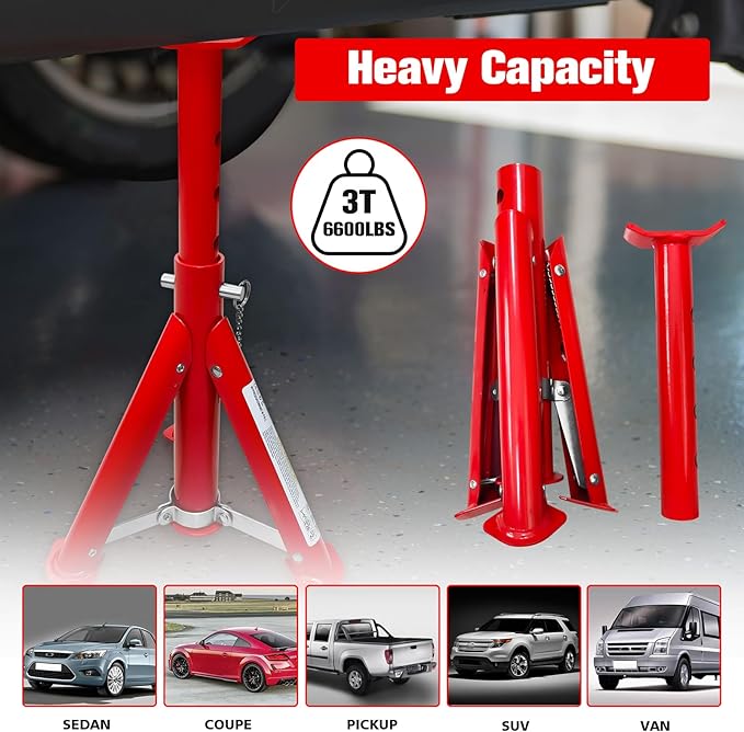 Foldable Jack Stands 3 Ton (6,600 LBs), 11.42"-16.06" Adjustable Height with Mobility Safety Pin,Car Jack Stand for Home&Garage, Workshops,Lifting SUV, Pickup Truck,UTV/ATV, Red, 1 Pair