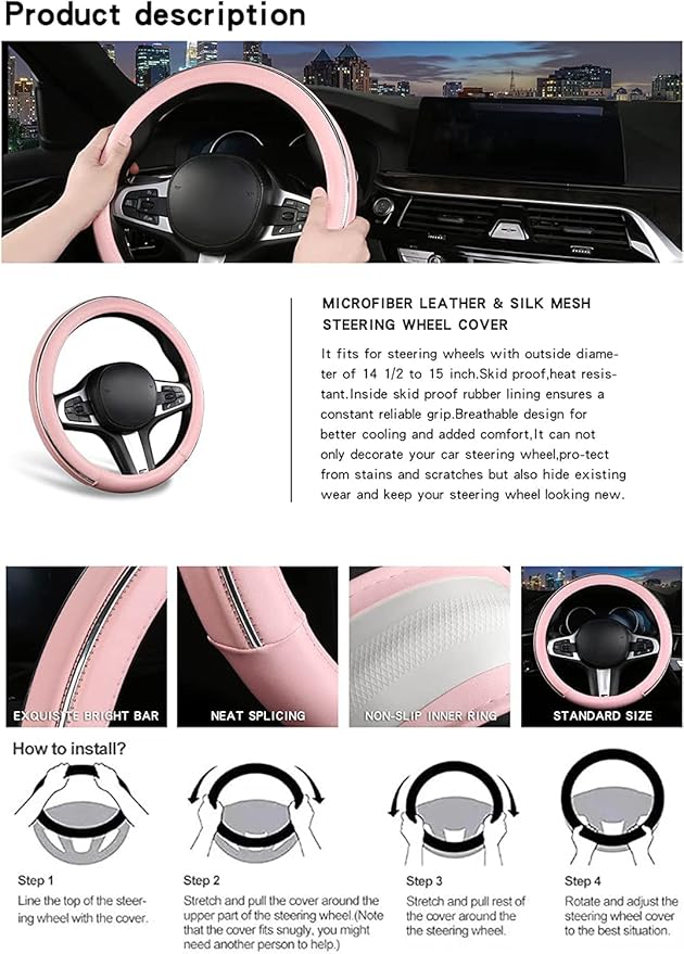 XIANGDING Car Steering Wheel Cover, Microfiber Leather Wheel Cover Breathable, Universal 15 inch, Anti-Slip, Warm in Winter and Cool in Summer (Pink)