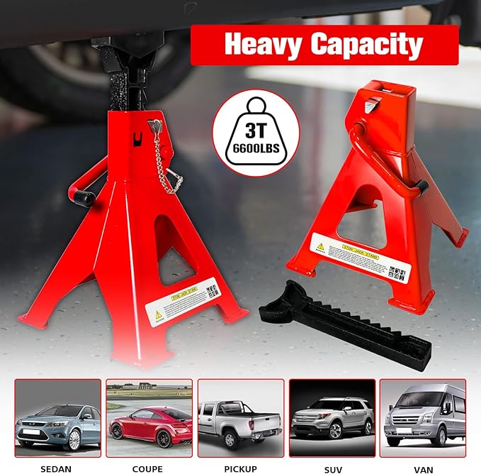 Jack Stands 3 Ton (6,600 LBs), 11.22"-16.54" Adjustable with Double Pin Locking for Reinforced Safety. Car Jack Stand with Extra Rubber Pads for Trucks, Home,Garage,Lifting,1 Pair Red
