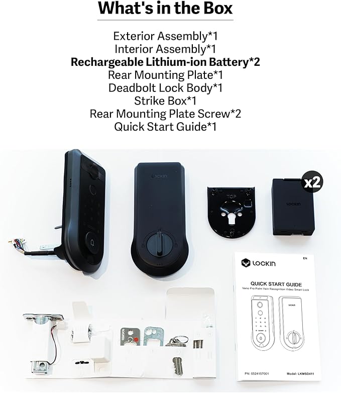Lockin Veno Series Smart Deadbolt Lock, Palm Vein & Fingerprint Keyless Entry, Built-in Wi-Fi, Doorbell, App Remote Control (Dual Battery, Palm Vein+32G Local Storage, Black)