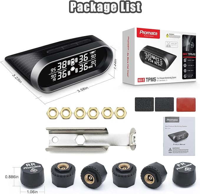 Promata RV Tire Pressure Monitoring System, Carbon Fiber Style RV TPMS with 6 Tire Pressure Sensors, Eye Protection Clear LCD Display, Intelligent Trailer Detection for Travel Trailer Motorhome Camper