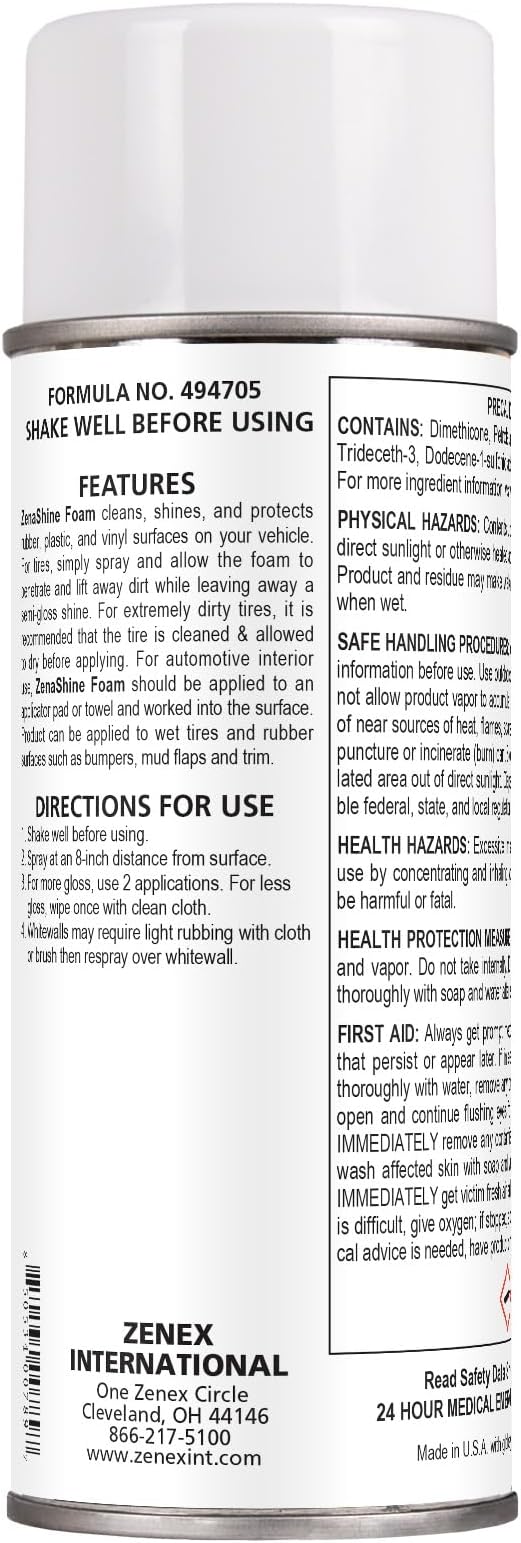 Zenex ZenaShine Foam - Professional Car Detail Spray & Shine |Great For Vinyl, Tires, Trim, & Bumpers | High-Gloss Shine & Protector | Interior & Exterior Protectant | Unscented | 13 oz (2 Pack)