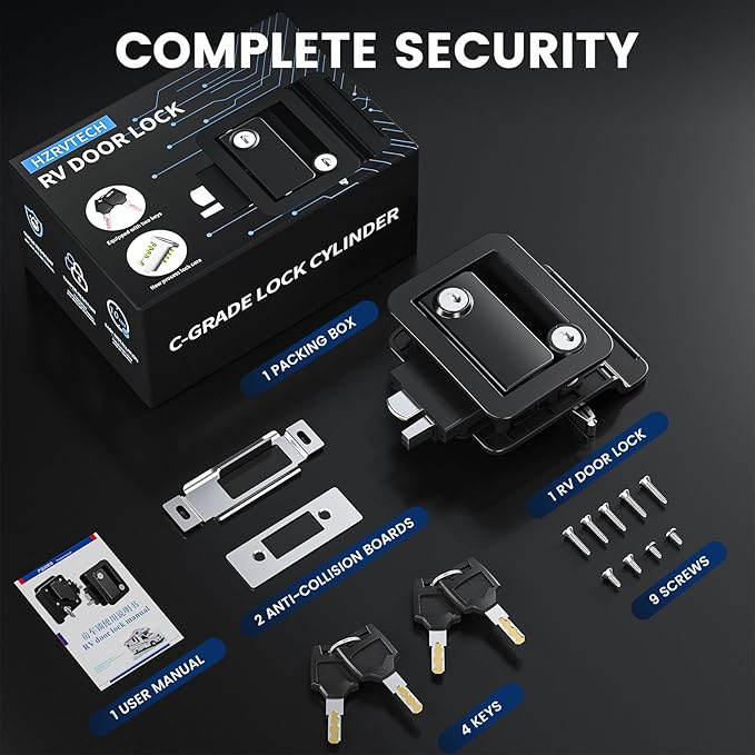 Upgraded RV Door Lock Replacement with Paddle Strike, Black RV Door Latch Suitable for Replacing Most RV Door Handle Camper Door Lock Travel Trailer Lock and Camper Door Latch(4 Keys)