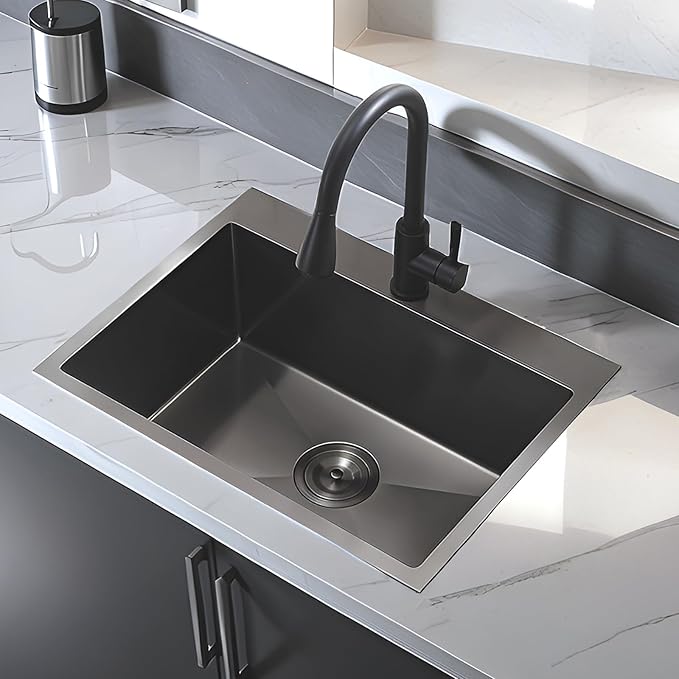 20 Inch Drop In Kitchen Sink Black, 20 x 16 Gunmetal Black Stainless Steel Single Bowl Top Mount Drop In Bar Wet Prep RV Outdoor Kitchen Sink, 16 Gauge Brushed Nickel