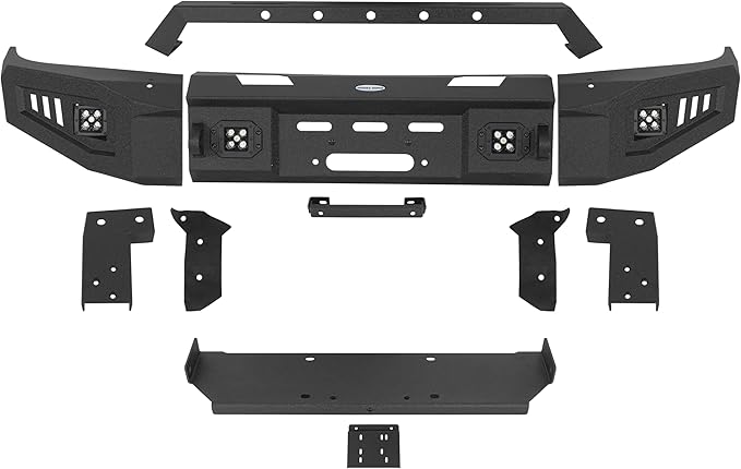 Hooke Road Suburban Front Bumper with Grille Guard for Chevy Chevrolet Suburban Tahoe & GMC Yukon 1992-1999, Full Width Offroad Steel Bumper w/Winch Plate, 4×25W LED Lights, D-ring Mounts