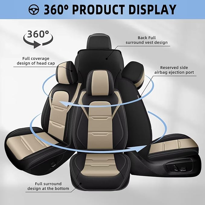YORKNEIC Seat Covers Full Set for Jeep Compass 2012-2025 2026 Faux Leather Waterproof Seat Protectors Automotive Seat Cushion with Airbag Compatible(5 Seat,Black&Beige)