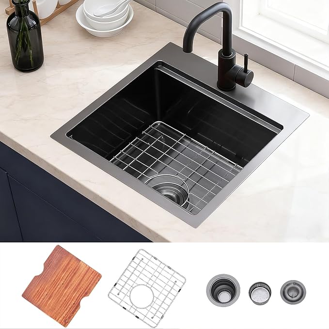 Gunmetal Black 18x18 Drop In Bar Sink, Stainless Steel Workstation Topmount Kitchen Prep RV Sink with Cutting Board, 9 Inch Deep Single Bowl