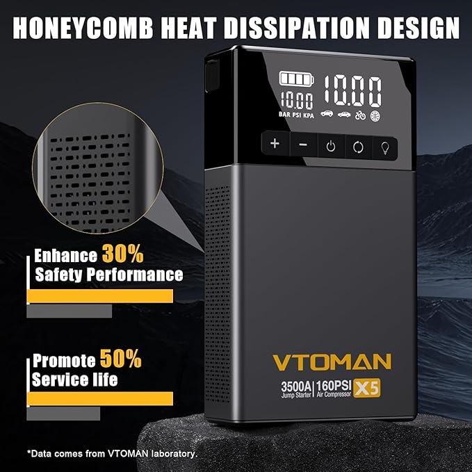 VTOMAN X5 Jump Starter with Air Compressor, 3500A Portable Car Battery Booster (Up to 9L Gas/8L Diesel Engines) with 160PSI Digital Tire Inflator, 12V Lithium Battery Jump box with Type-C Quick Charge