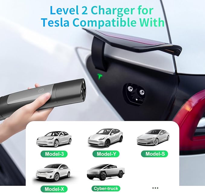 Tesla Level 1/2 EV Charger,16A Electric Car Mobile Charger for Tesla 25ft Cable with 240V NEMA 6-20 Plug, 120V NEMA 5-15 Adapter, NACS Connector, Home Portable Wall Charger for Tesla ModelY/3/S/X