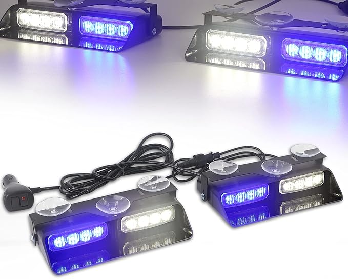 XRIDONSEN 2 in 1 Blue White Emergency Dash Strobe Lights Interior Front/Rear Windshield Lights Warning Safety Flashing Volunteer Firefighter Police Lights for Vehicles, Trucks (2x7.16 inch, 16 LED)