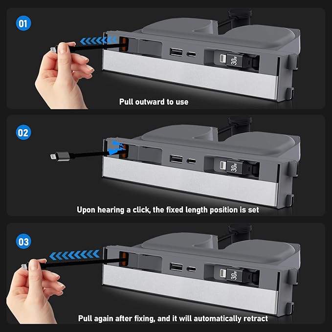 65W USB Charger Hub for Tesla Model Y Juniper 2025,2026 Accessories- 4-Port Fast Charging Hub with Sliding Cover, Retractable Phone Charger Hub, Docking Station for Tesla Model 3 Highland 2024-2026