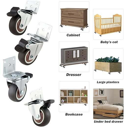 2 Inches Side Mount Caster Wheels Set of 8 L-Shaped Rubber Locking Swivel Casters Heavy-Duty Double Plate Castor with Brake Industrial Metal Wheels for Workbench, Furniture, Cabinet, Woodbox