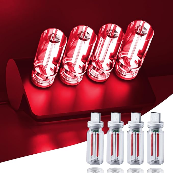 4 PCS Car USB Lights, Portable Plug-in Retro Car Interior Ambient Lights, Mini Touch Dimmable Glass Bottle LED Bulb, for Vehicle, Bedroom, Camping, PC (4 Red)